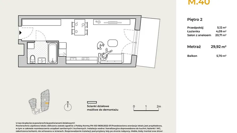 Rzut - Mieszkanie na sprzedaż 1 pokój o powierzchni 29,92 m² - numer M40 w Baja Piaśniki