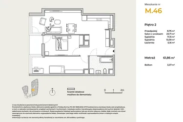 Rzut - Mieszkanie na sprzedaż 3 pokoje o powierzchni 61,86 m² - numer M46 w Baja Piaśniki