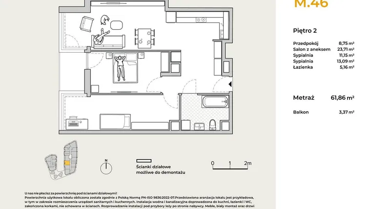 Rzut - Mieszkanie na sprzedaż 3 pokoje o powierzchni 61,86 m² - numer M46 w Baja Piaśniki