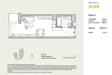 Rzut - Mieszkanie na sprzedaż 1 pokój o powierzchni 27,27 m² - numer M49 w Baja Piaśniki