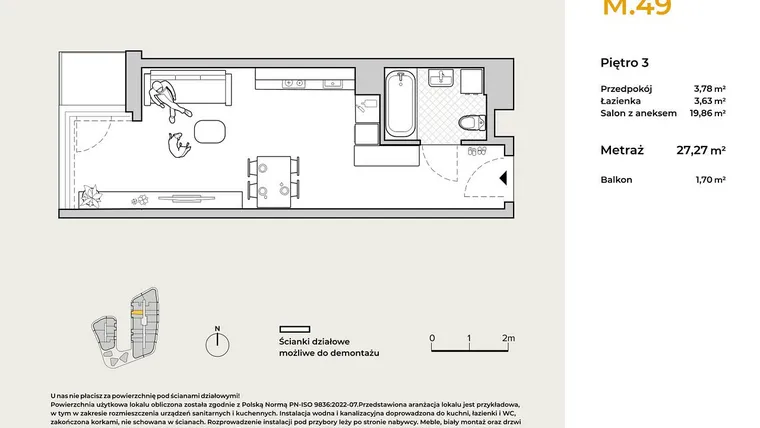 Rzut - Mieszkanie na sprzedaż 1 pokój o powierzchni 27,27 m² - numer M49 w Baja Piaśniki