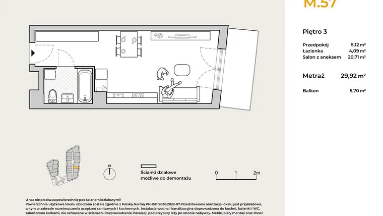 Rzut - Mieszkanie na sprzedaż 1 pokój o powierzchni 29,92 m² - numer M57 w Baja Piaśniki