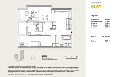 Rzut - Mieszkanie na sprzedaż 3 pokoje o powierzchni 61,86 m² - numer M63 w Baja Piaśniki