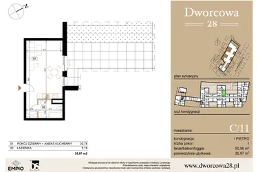 Rzut - Mieszkanie na sprzedaż 1 pokój o powierzchni 36,23 m² - numer C11 w Dworcowa 28