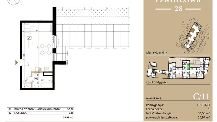 Rzut - Mieszkanie na sprzedaż 1 pokój o powierzchni 36,23 m² - numer C11 w Dworcowa 28