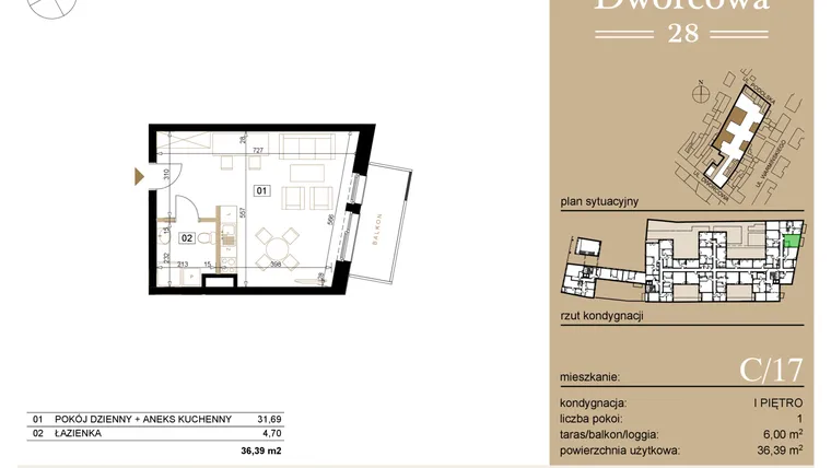 Rzut - Mieszkanie na sprzedaż 1 pokój o powierzchni 36,61 m² - numer C17 w Dworcowa 28