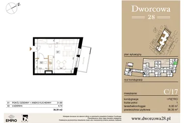 Rzut - Mieszkanie na sprzedaż 1 pokój o powierzchni 36,61 m² - numer C17 w Dworcowa 28
