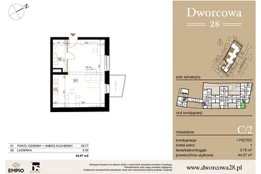 Rzut - Mieszkanie na sprzedaż 1 pokój o powierzchni 44,36 m² - numer C2 w Dworcowa 28