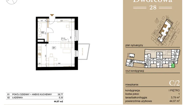 Rzut - Mieszkanie na sprzedaż 1 pokój o powierzchni 44,36 m² - numer C2 w Dworcowa 28