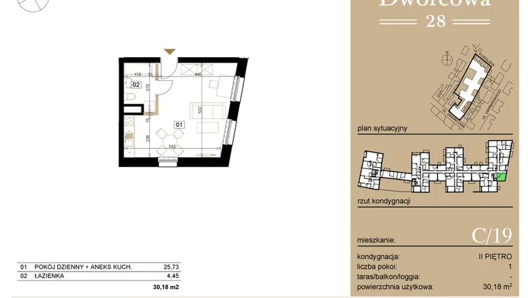 Rzut - Mieszkanie na sprzedaż 1 pokój o powierzchni 30,39 m² - numer C19 w Dworcowa 28
