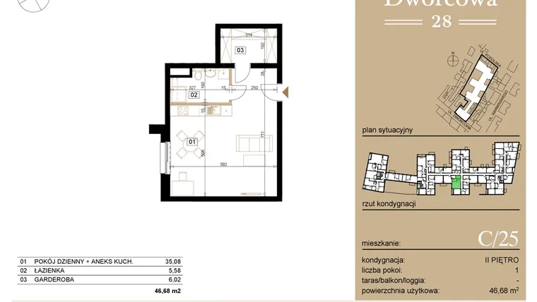 Rzut - Mieszkanie na sprzedaż 1 pokój o powierzchni 47,76 m² - numer C25 w Dworcowa 28