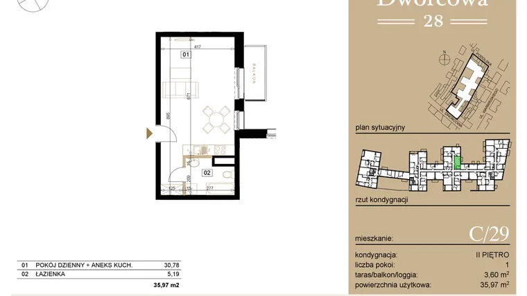 Rzut - Mieszkanie na sprzedaż 1 pokój o powierzchni 36,23 m² - numer C29 w Dworcowa 28