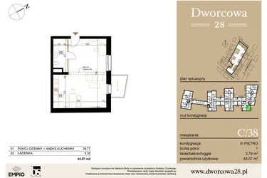 Rzut - Mieszkanie na sprzedaż 1 pokój o powierzchni 44,34 m² - numer C38 w Dworcowa 28
