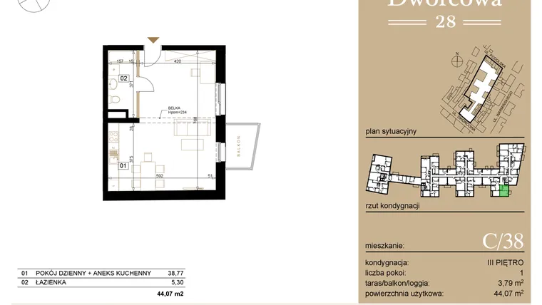 Rzut - Mieszkanie na sprzedaż 1 pokój o powierzchni 44,34 m² - numer C38 w Dworcowa 28