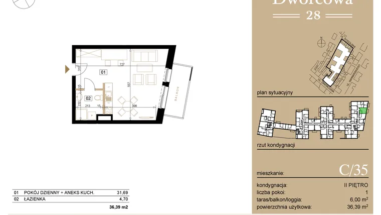 Rzut - Mieszkanie na sprzedaż 1 pokój o powierzchni 36,61 m² - numer C35 w Dworcowa 28
