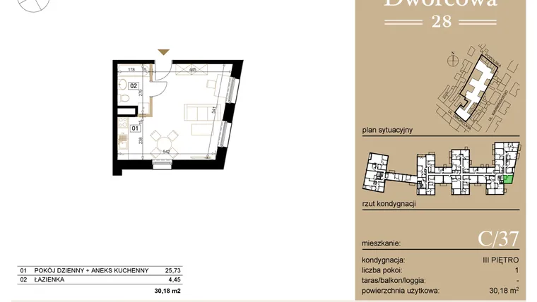 Rzut - Mieszkanie na sprzedaż 1 pokój o powierzchni 30,39 m² - numer C37 w Dworcowa 28