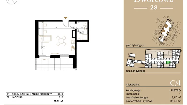 Rzut - Mieszkanie na sprzedaż 1 pokój o powierzchni 35,61 m² - numer C4 w Dworcowa 28