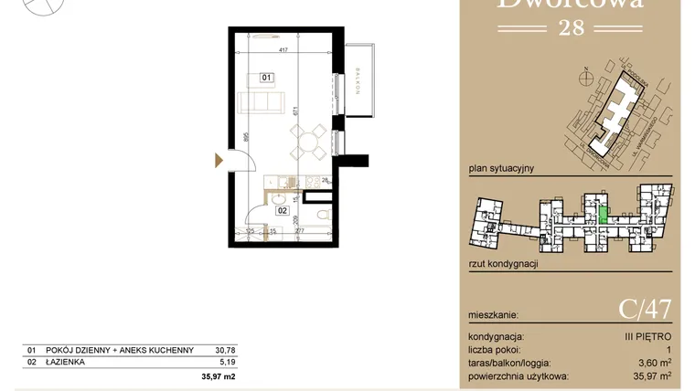 Rzut - Mieszkanie na sprzedaż 1 pokój o powierzchni 36,23 m² - numer C47 w Dworcowa 28