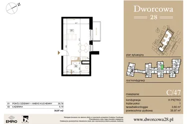 Rzut - Mieszkanie na sprzedaż 1 pokój o powierzchni 36,23 m² - numer C47 w Dworcowa 28