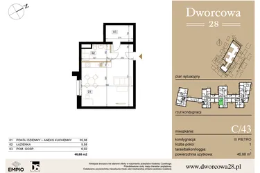 Rzut - Mieszkanie na sprzedaż 1 pokój o powierzchni 47,74 m² - numer C43 w Dworcowa 28
