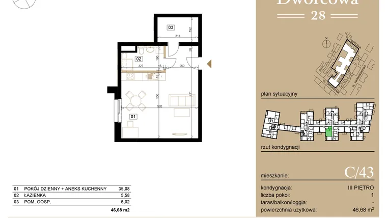 Rzut - Mieszkanie na sprzedaż 1 pokój o powierzchni 47,74 m² - numer C43 w Dworcowa 28
