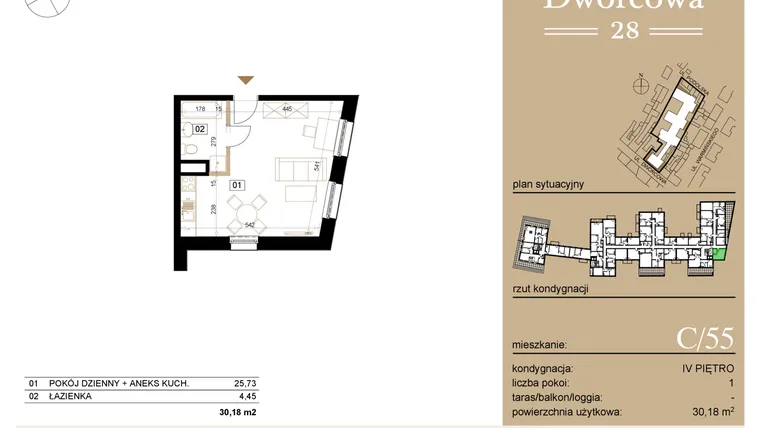 Rzut - Mieszkanie na sprzedaż 1 pokój o powierzchni 30,39 m² - numer C55 w Dworcowa 28