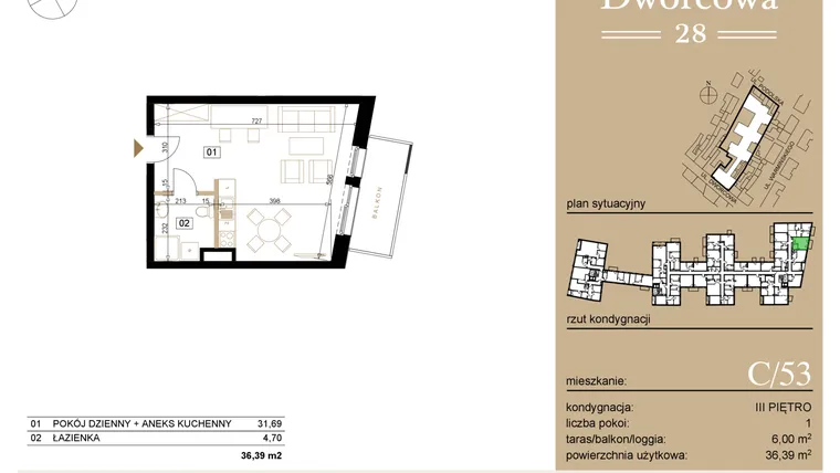 Rzut - Mieszkanie na sprzedaż 1 pokój o powierzchni 36,62 m² - numer C53 w Dworcowa 28