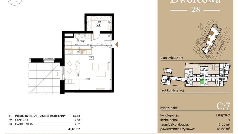 Rzut - Mieszkanie na sprzedaż 1 pokój o powierzchni 47,76 m² - numer C7 w Dworcowa 28
