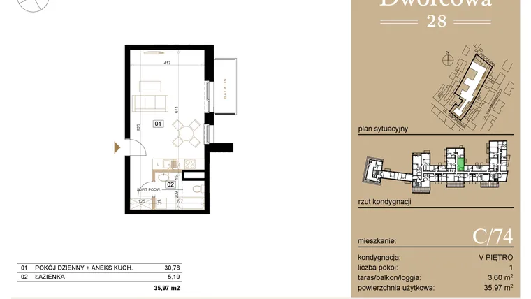Rzut - Mieszkanie na sprzedaż 1 pokój o powierzchni 36,22 m² - numer C74 w Dworcowa 28