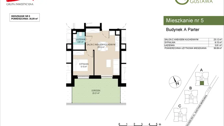 Rzut - Mieszkanie na sprzedaż 2 pokoje o powierzchni 36,09 m² - numer A5 w Wzgórze Gustawa