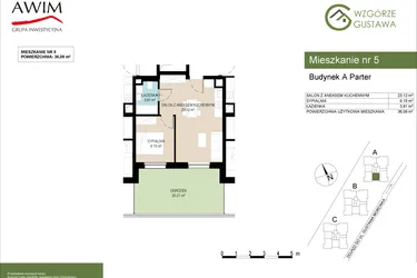 Rzut - Mieszkanie na sprzedaż 2 pokoje o powierzchni 36,09 m² - numer A5 w Wzgórze Gustawa
