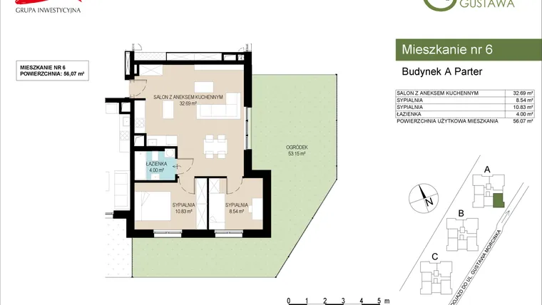 Rzut - Mieszkanie na sprzedaż 3 pokoje o powierzchni 56,07 m² - numer A6 w Wzgórze Gustawa