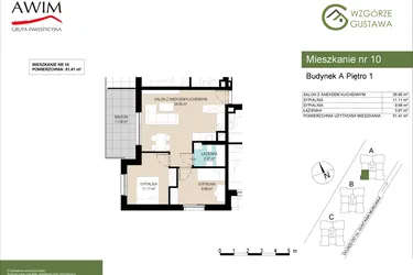 Rzut - Mieszkanie na sprzedaż 3 pokoje o powierzchni 51,41 m² - numer A10 w Wzgórze Gustawa