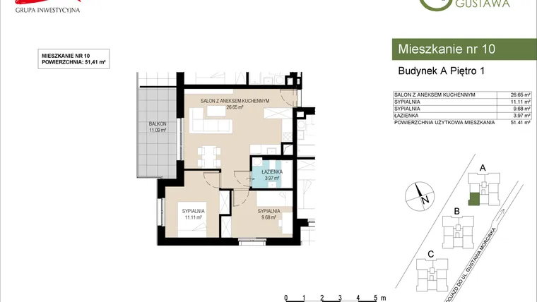 Rzut - Mieszkanie na sprzedaż 3 pokoje o powierzchni 51,41 m² - numer A10 w Wzgórze Gustawa