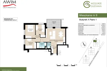 Rzut - Mieszkanie na sprzedaż 4 pokoje o powierzchni 65,16 m² - numer A8 w Wzgórze Gustawa