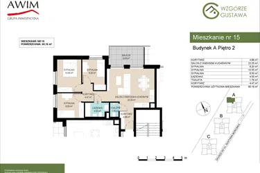 Rzut - Mieszkanie na sprzedaż 4 pokoje o powierzchni 65,16 m² - numer A15 w Wzgórze Gustawa