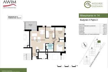 Rzut - Mieszkanie na sprzedaż 4 pokoje o powierzchni 59,32 m² - numer A14 w Wzgórze Gustawa