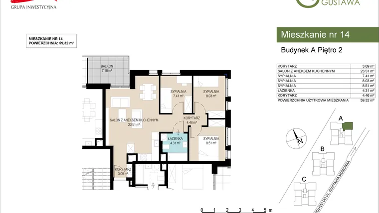 Rzut - Mieszkanie na sprzedaż 4 pokoje o powierzchni 59,32 m² - numer A14 w Wzgórze Gustawa