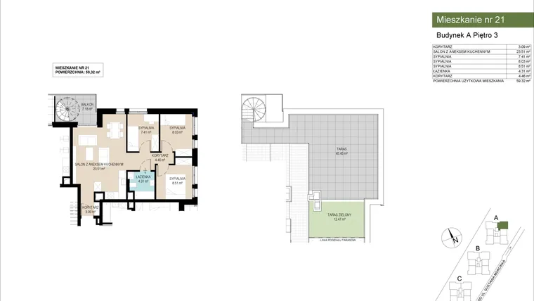 Rzut - Mieszkanie na sprzedaż 4 pokoje o powierzchni 59,32 m² - numer A21 w Wzgórze Gustawa