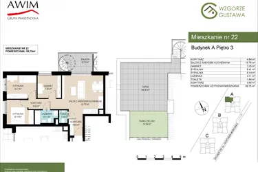 Rzut - Mieszkanie na sprzedaż 4 pokoje o powierzchni 59,75 m² - numer A22 w Wzgórze Gustawa