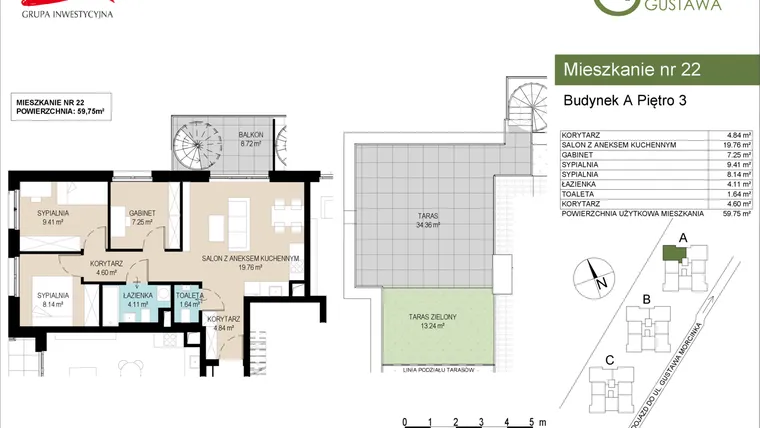 Rzut - Mieszkanie na sprzedaż 4 pokoje o powierzchni 59,75 m² - numer A22 w Wzgórze Gustawa