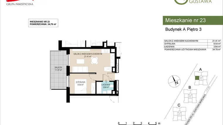 Rzut - Mieszkanie na sprzedaż 2 pokoje o powierzchni 34,79 m² - numer A23 w Wzgórze Gustawa