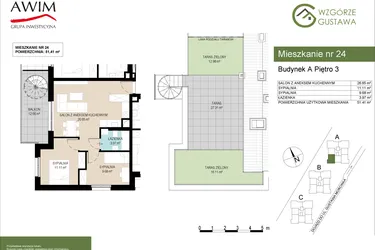 Rzut - Mieszkanie na sprzedaż 3 pokoje o powierzchni 51,41 m² - numer A24 w Wzgórze Gustawa