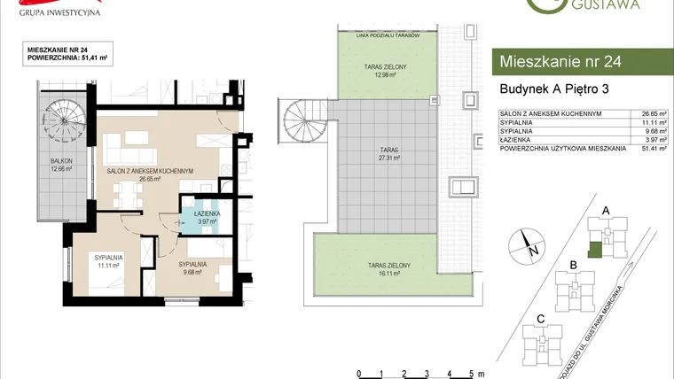 Rzut - Mieszkanie na sprzedaż 3 pokoje o powierzchni 51,41 m² - numer A24 w Wzgórze Gustawa