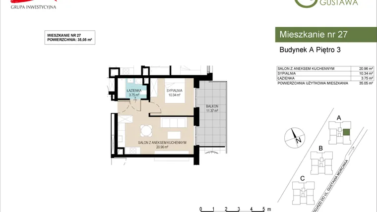 Rzut - Mieszkanie na sprzedaż 2 pokoje o powierzchni 35,05 m² - numer A27 w Wzgórze Gustawa