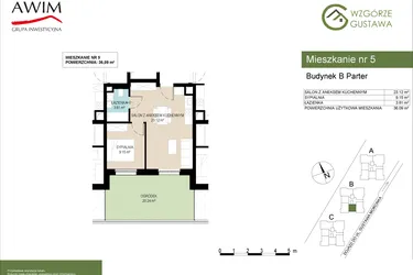 Rzut - Mieszkanie na sprzedaż 2 pokoje o powierzchni 36,09 m² - numer B5 w Wzgórze Gustawa