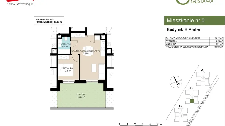 Rzut - Mieszkanie na sprzedaż 2 pokoje o powierzchni 36,09 m² - numer B5 w Wzgórze Gustawa