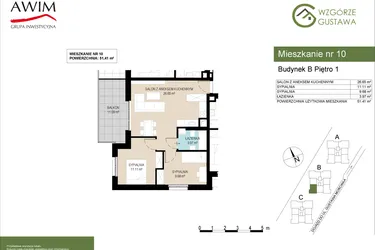 Rzut - Mieszkanie na sprzedaż 3 pokoje o powierzchni 51,41 m² - numer B10 w Wzgórze Gustawa