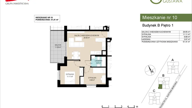 Rzut - Mieszkanie na sprzedaż 3 pokoje o powierzchni 51,41 m² - numer B10 w Wzgórze Gustawa