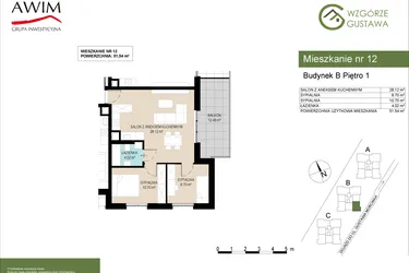 Rzut - Mieszkanie na sprzedaż 3 pokoje o powierzchni 51,54 m² - numer B12 w Wzgórze Gustawa